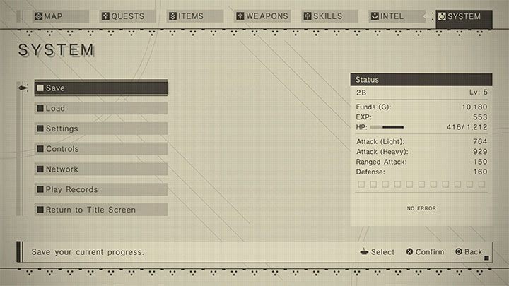 Po tym jak dotrzecie w pobliże dowolnego punktu Access Point aktywujcie menu systemowe poprzez wciśnięcie przycisku Options lub prawej części touchpada - NieR Automata: Stan gry - jak zapisywać? - NieR Automata - poradnik do gry