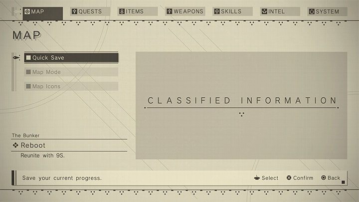 2) Szybki sejw - Musicie pozostać w pierwszej zakładce Map i wybrać opcję Quick Save - NieR Automata: Stan gry - jak zapisywać? - NieR Automata - poradnik do gry