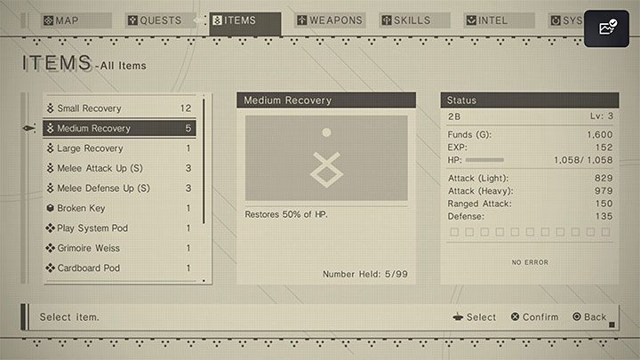 Do leczenia wykorzystywane są przede wszystkim przedmioty z grupy Recovery - pojawiają się one w trzech odmianach, pozwalając na odnowienie małej, średniej i dużej ilości hp - NieR Automata: Leczenie - jak poprawiać zdrowie? - NieR Automata - poradnik do gry