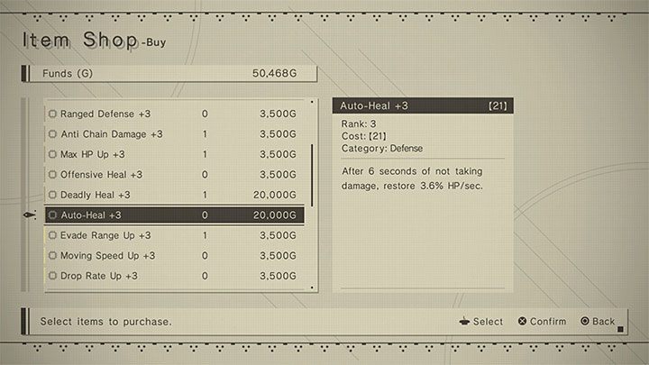 Auto Heal - Czip ten pozwala na rozpoczęcie automatycznego leczenia utraconego hp jeśli przez kilka ostatnich sekund sterowana postać nie otrzymała żadnych obrażeń - NieR Automata: Leczenie - jak poprawiać zdrowie? - NieR Automata - poradnik do gry