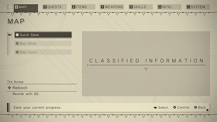 Po tym jak odzyskacie kontrolę nad 2B skorzystajcie z tego, że możecie po raz pierwszy możecie zapisać grę - NieR Automata: 1 Rozdział, Route A - solucja, opis przejścia - NieR Automata - poradnik do gry
