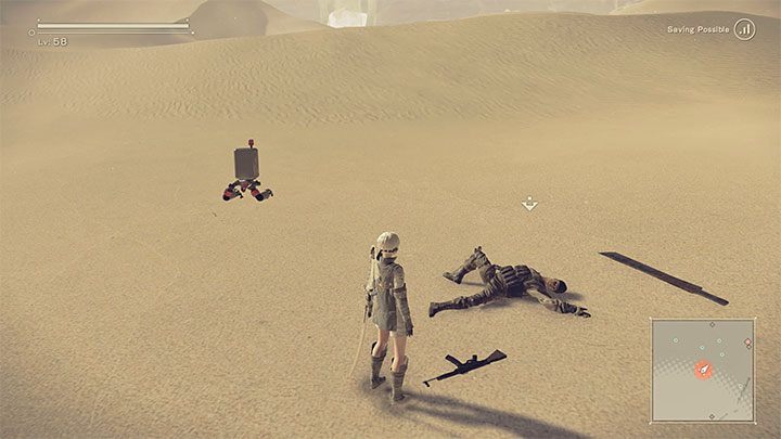 Po zakończonych walkach odszukajcie leżące na piasku zwłoki ostatniego już członka ruchu oporu - NieR Automata: Ruiny miasta - solucja, misje poboczne - NieR Automata - poradnik do gry