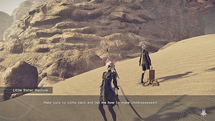 Po dotarciu do wąskiego przejścia załączy się rozmowa z małą siostrą - NieR Automata: Wioska maszyn - solucja, misje poboczne - NieR Automata - poradnik do gry