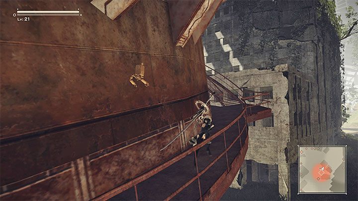 Te same androidy powinniście teraz odnaleźć w czerwonym okręgu, który jest pokonanym goliatem - NieR Automata: Bunkier - solucja, misje poboczne - NieR Automata - poradnik do gry