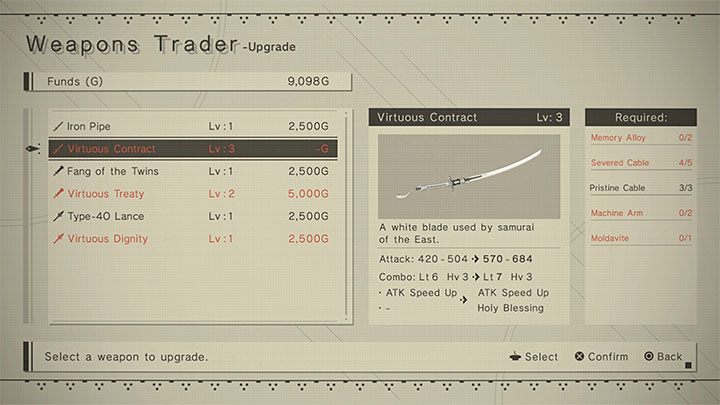Posiadane bronie powinniście ulepszać, przy czym z racji na ograniczoną dostępność składników w początkowej fazie kampanii najlepiej jest początkowo ograniczać się wyłącznie do aktualnie używanego sprzętu - NieR Automata: Rozwój postaci i podów - NieR Automata - poradnik do gry