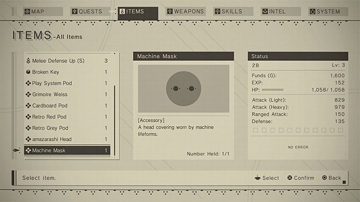 Akcesoria (Accessory) - mogą one w jakiś inny sposób zmieniać bohatera (w przykładzie z obrazka jest to opcja nałożenia maski w kształcie głowy maszyny na sterowaną postać) - NieR Automata: Wygląd postaci - jak zmienić? - NieR Automata - poradnik do gry