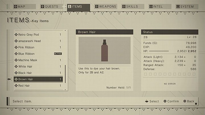 Wszystkie przedmioty związane ze zmianą wyglądu bohatera lub poda przechowywane są w inwentarzu - NieR Automata: Wygląd postaci - jak zmienić? - NieR Automata - poradnik do gry
