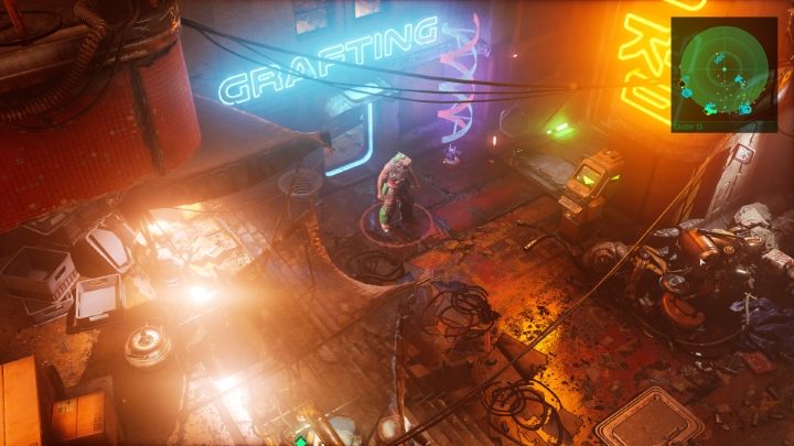 Dotrzesz do miejsca widocznego na powyższym obrazku, czyli budynku z napisem Crafting - The Ascent: Wygląd postaci - jak zmienić? - The Ascent - poradnik do gry