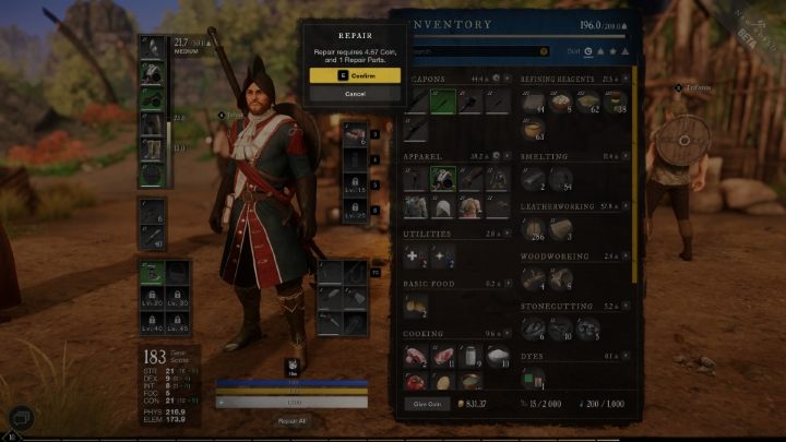 W nowym oknie ujrzycie informacje o kosztach naprawy - będzie to liczba wymaganych części zamiennych (Repair Parts) oraz złota (Coins) - New World: Przedmioty - jak naprawiać? - New World - poradnik do gry