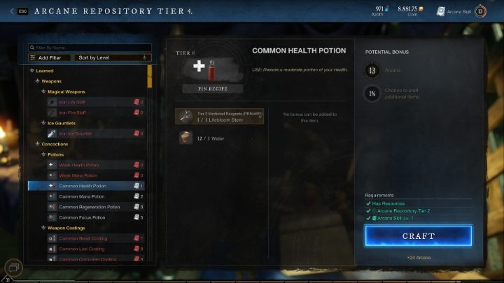 W trakcie rozwijania umiejętności Arkana w New World warto skupić się na tworzeniu coraz lepszych mikstur leczących lub przywracających manę - New World: Arkana - rzemiosło (crafting) - New World - poradnik do gry