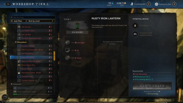 Rozwijanie Meblarstwa w New World na początku warto oprzeć o tworzenie Zardzewiałych żelaznych latarni (Rusty Iron Lantern) - New World: Meblarstwo - rzemiosło (crafting) - New World - poradnik do gry