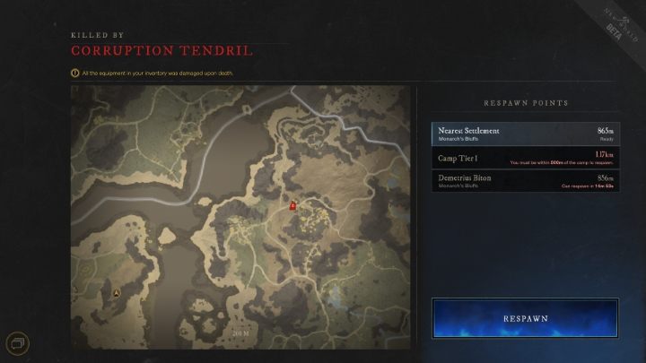 Po zgonie postaci ujrzycie okno z informacją o tym co Was zabiło, a także miejscami, w których możecie się odrodzić - New World: Śmierć - jakie ma konsekwencje? - New World - poradnik do gry