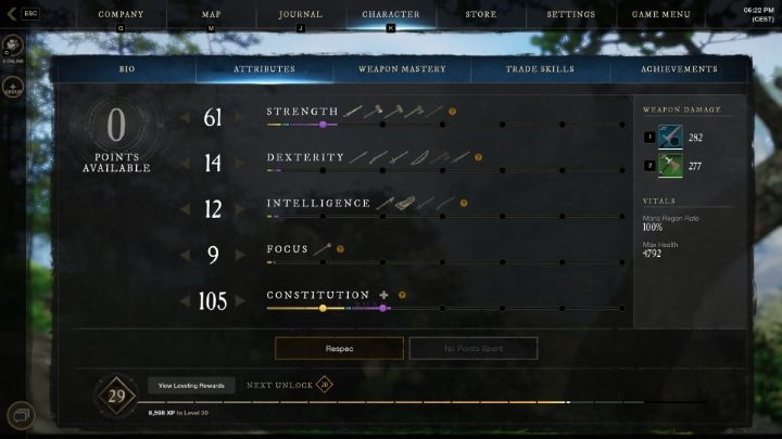 Po każdym awansie postaci otrzymacie 3 punkty, które możecie przydzielić do 5 cech postaci - New World: Rozwój postaci - New World - poradnik do gry