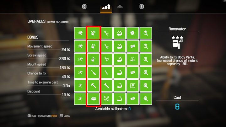 Rozwijając umiejętności postaci skupcie się na zdolności Renowator, która pozwala naprawiać kolejne rodzaje części - Car Mechanic Simulator 2021: Porady na start - Car Mechanic Simulator 2021 - poradnik do gry