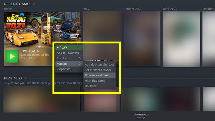 W aplikacji Steam wejdźcie do biblioteki i kliknijcie prawym przyciskiem myszy na grze Car Mechanic Simulator 2021 - Car Mechanic Simulator 2021: Własna muzyka - jak wgrać? - Car Mechanic Simulator 2021 - poradnik do gry