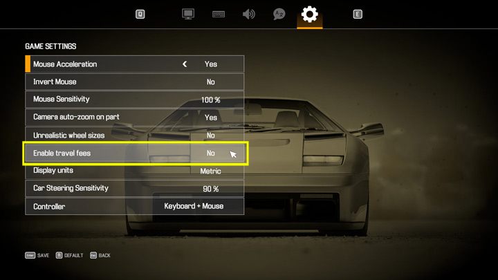 Na początek, w opcjach rozgrywki, wyłącznie opłaty za podróże na złomowisko i do stodoły, by zaoszczędzić parę dodatkowych kredytów - Pieniądze - jak szybko zarabiać? - Car Mechanic Simulator 2021 - poradnik do gry