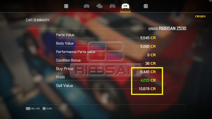 Klikając na Status samochodu można podejrzeć jego aktualną wartość i ewentualnie sprzedać - Pieniądze - jak szybko zarabiać? - Car Mechanic Simulator 2021 - poradnik do gry