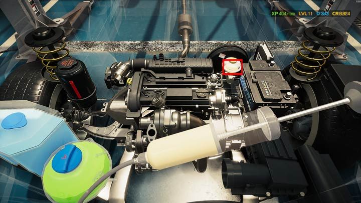 Kursor nie zmieni wyglądu, ale kliknięcie na wybranym zbiorniku i przytrzymanie klawisza interakcji spowoduje odsysanie płynu - Płyny eksploatacyjne - jak opróżnić? - Car Mechanic Simulator 2021 - poradnik do gry