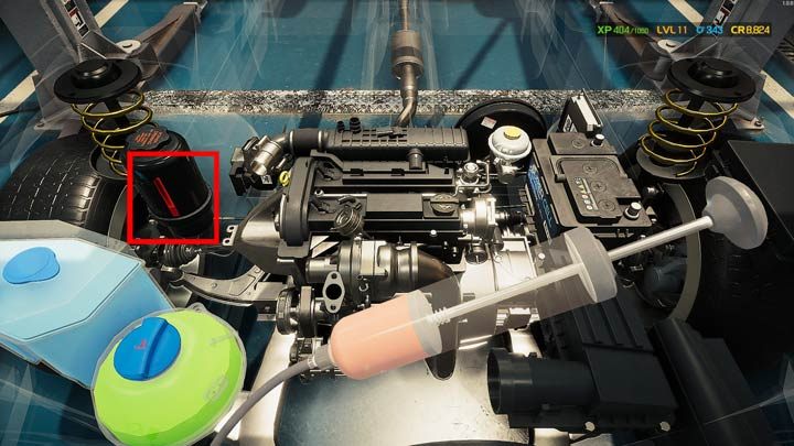 Płyn wspomagania kierownicy ma czerwony kolor i znajduje się w czarnym zbiorniku - Płyny eksploatacyjne - jak opróżnić? - Car Mechanic Simulator 2021 - poradnik do gry
