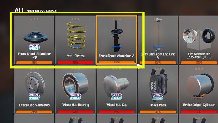 W ekwipunku pojawią się trzy elementy składające się na amortyzator: górne łożysko amortyzatora (shock absorber cap), sprężyna (spring), amortyzator (shock absorber) - Amortyzatory - jak wymienić? - Car Mechanic Simulator 2021 - poradnik do gry