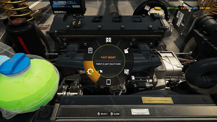 Jeszcze inny zestaw pokazuje się przy interakcji z częściami samochodu - Car Mechanic Simulator 2021: Interfejs - Car Mechanic Simulator 2021 - poradnik do gry