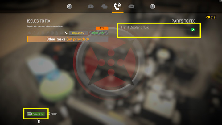 Kiedy wszystkie wymagane elementy z każdej listy zlecenia zostaną wykonane (zielony ptaszek), zlecenie można zakończyć i zainkasować kredyty klikając podświetlony na zielono przycisk na dole Zakończ zlecenie - Car Mechanic Simulator 2021: Rodzaje zleceń - Car Mechanic Simulator 2021 - poradnik do gry
