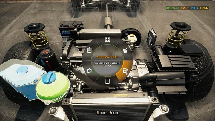 Z menu kołowego wybierzcie opcję Dodatkowe narzędzia - Car Mechanic Simulator 2021: Diagnostyka usterek - Car Mechanic Simulator 2021 - poradnik do gry