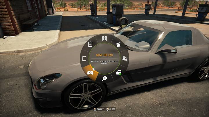 Z menu kołowego na samochodzie wybierzcie opcję Przestaw samochód - Car Mechanic Simulator 2021: Diagnostyka usterek - Car Mechanic Simulator 2021 - poradnik do gry
