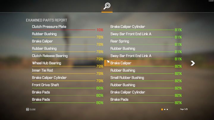 Po wszystkim wyświetli się stan zamontowanych w samochodzie części zawieszenia, hamulców, układu kierowniczego i sprzęgła - Car Mechanic Simulator 2021: Tor testowy - Car Mechanic Simulator 2021 - poradnik do gry