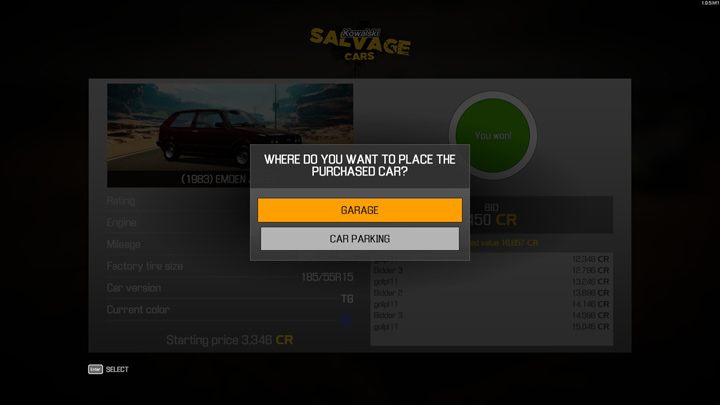 Po wygranej aukcji należy zdecydować gdzie odstawić nowo nabyty samochód - Car Mechanic Simulator 2021: Aukcje samochodowe - Car Mechanic Simulator 2021 - poradnik do gry