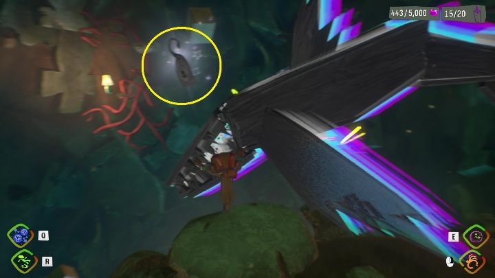 Ta zawieszka lata nad rekinem, zaraz koło trzeciej platformy - Psychonauts 2: Emotional Baggage, Tomb of the Sharkophogus - gdzie znaleźć? - Psychonauts 2 - poradnik do gry