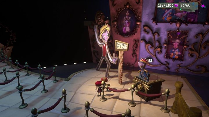 Niestety, do wagonika nie wejdziecie jeśli nie przewyższycie punktu pokazywanego na miarce - Psychonauts 2: Fatherland Follies - solucja, opis przejścia - Psychonauts 2 - poradnik do gry