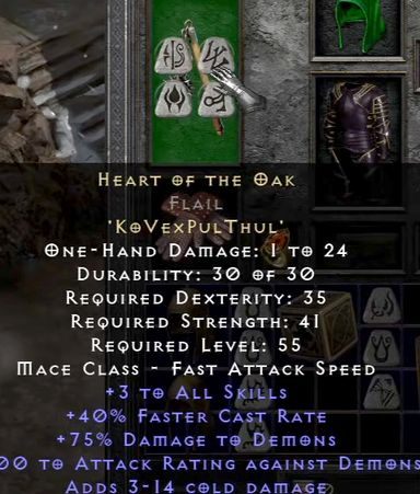 Przykładowe słowo runiczne Heart of the Oak umieszczone w korbaczu - Diablo 2 Resurrected: Słowa runiczne - Bronie do Walki wręcz - Diablo 2 Resurrected - poradnik do gry