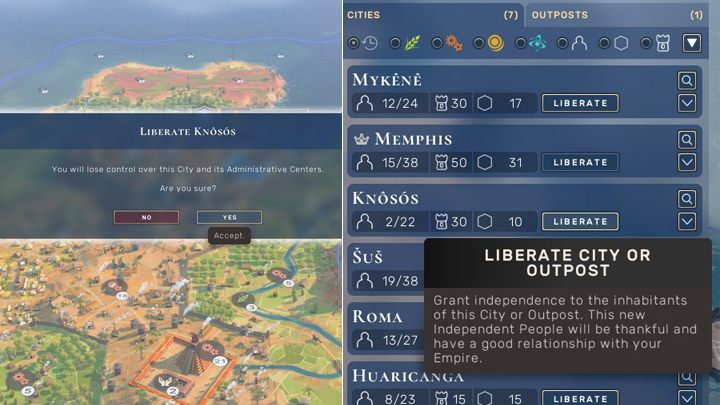 Opcja Wyzwolenia jest dostępna w menu miasta po prawej stronie - Humankind: Ekspansja - łączenie, wyzwalanie, niszczenie miast - Humankind - poradnik do gry