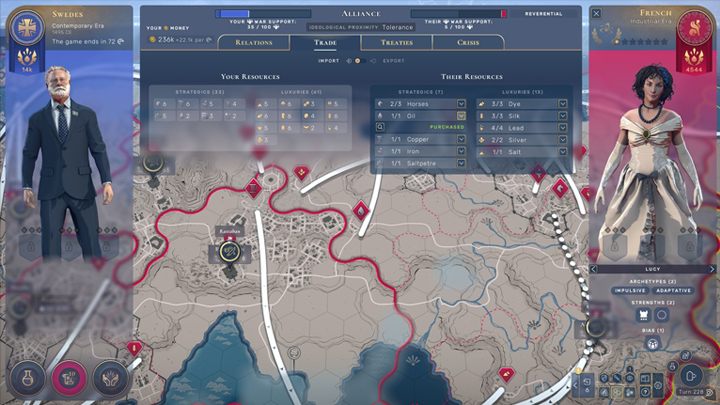 Zasoby strategiczne, zwłaszcza te z późniejszych etapów rozgrywki są trudne do zdobycie. Na szczęście można nimi handlować, o ile drugie państwo ma możliwości do ich wykorzystania. Podczas handlu, otrzymujesz kopię takiego surowca, a przeciwnik nadal może z niej korzystać. - Humankind: Zasoby strategiczne - Humankind - poradnik do gry