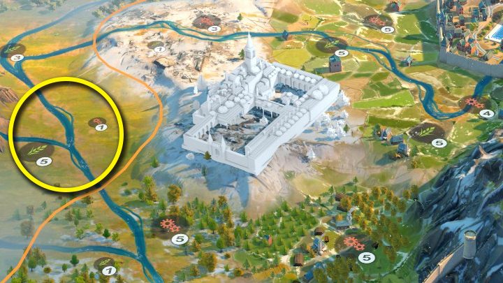 Ten Kulturalny Cud zbierze wszystkie surowce z okolicznych pól rzecznych. Jedynie pole po lewej stronie (żółta obręcz) nie zostanie przetworzone, ponieważ znajduje się w terytorium należącym do innego miasta. - Humankind: Surowce podstawowe (ŻPFN) - Humankind - poradnik do gry