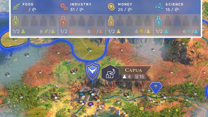 Capua posiada 4 mieszkańców. Każdy obszar ŻPFN tego miasta ma przydzielonego jednego specjalistę. Warto dodać kolejnych rolników i stworzyć dodatkowe miejsca pracy, ponieważ produkcja żywności jest mniejsza niż zapotrzebowanie mieszkańców. - Humankind: Populacja i specjaliści - Humankind - poradnik do gry