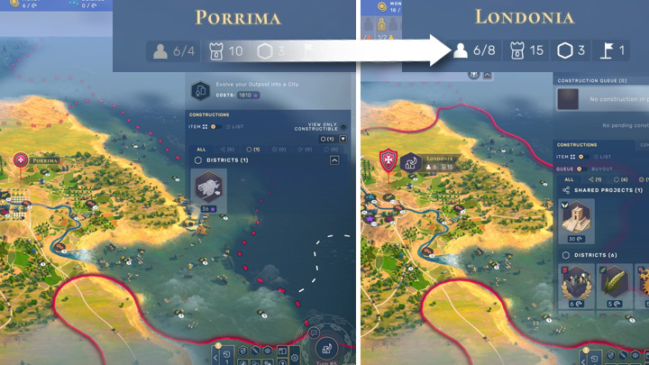 Posterunek Porrima ma 6 punktów populacji. Po przekształceniu do poziomu miasta, zmienia się nazwa, ale ilość populacji się nie zmienia i Londonia nadal posiada 6 mieszkańców. - Humankind: Porady na start - pierwsze tury - Humankind - poradnik do gry