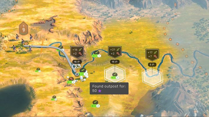 Lokacja posterunku z niezwykle wysokim wskaźnikiem +21 do żywności jest bardzo kusząca, ale tylko +2 do przemysłu oznacza bardzo wolną budowę posterunku. Lepiej wybrać lokacje z +17 do żywności i +7 do przemysłu. Takie umiejscowienie posterunku, oferuje więcej możliwości rozwoju. - Humankind: Miasta - jak i gdzie budować? - Humankind - poradnik do gry