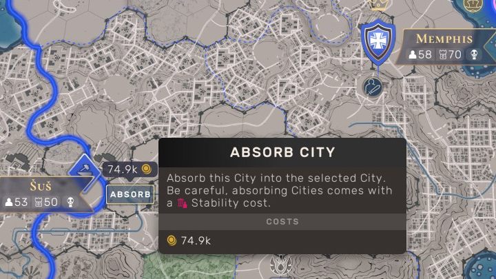 Połączenie dwóch miast to duży koszt. Jednak w skarbcu jest bardzo dużo pieniędzy i mam aktywną specjalną zasadę, dzięki której nie musze zużywać punktów Wpływu. Po połączeniu miast, należy sprawdzić stan stabilność, ponieważ zazwyczaj ten wskaźnik spadnie. - Humankind: Terytorium - jak połączyć z miastem? - Humankind - poradnik do gry