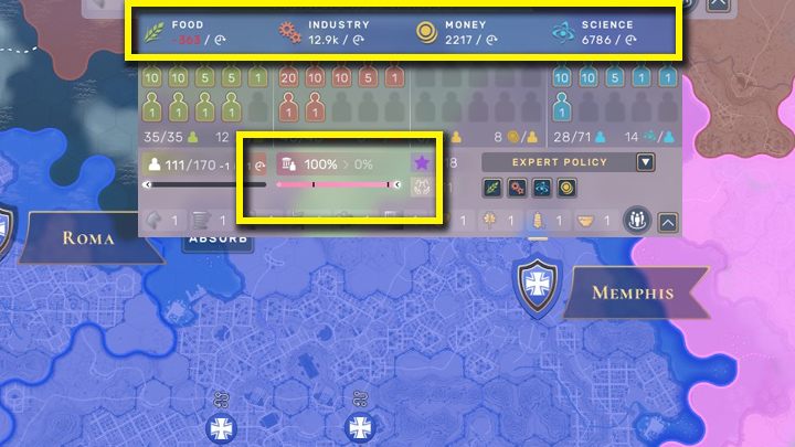 Po złączeniu dwóch dużych miast, Memphis posiada ogromny przychody nauki i produkcji. Z drugiej strony, tak duża populacja wymaga więcej pożywienia i miasto będzie tracić 1 mieszkańca co turę. Również stabilność spadnie do 0% w ciągu kilkunastu najbliższych tur. - Humankind: Terytorium - jak połączyć z miastem? - Humankind - poradnik do gry