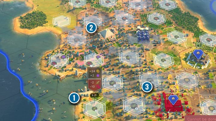 Gra automatycznie pokazuje najlepszą lokację pod budowę dzielnicy (1). Piramida kultury egipskiej z epoki starożytnej nadal dostarcza sporo punktów produkcji (2). Dzielnice nie mogą być budowane na zasobach luksusowych i strategicznych (3). - Humankind: Dzielnice - Humankind - poradnik do gry