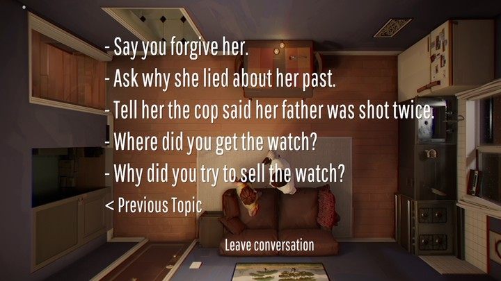 Ekran dialogu przy drugiej konwersacji - pomińcie ostatnią opcję - 12 Minutes: Przesłuchanie żony i policjanta - jak poznać prawdę? - 12 Minutes - poradnik do gry