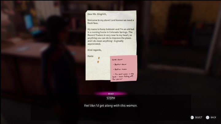 Po prawej stronie blatu, zaraz obok pudła z prezentem, zobaczycie notatkę od właścicielki sklepu - Life is Strange True Colors Wavelengths: Wiosna - solucja, opis przejścia - Life is Strange True Colors - poradnik do gry