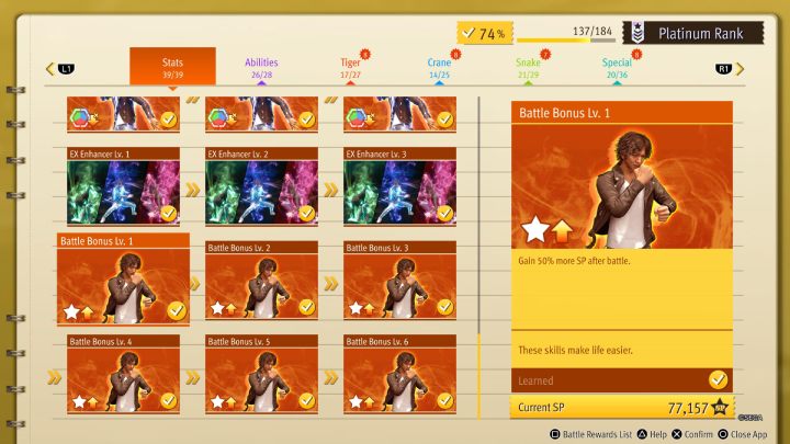 W pierwszej zakładce znajdziecie umiejętności wzmacniające zdrowie, atak oraz akcje EX - Lost Judgment: Najlepsze umiejętności - Lost Judgment - poradnik do gry