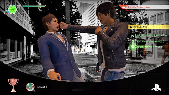 W trybie EX Boost rozejrzyjcie się czy w okolicy nie ma jakiegoś wystraszonego przeciwnika - w tutorialu co najmniej jeden z wrogów powinien przejść w taki stan - Lost Judgment: Trofeum Merciful - jak zdobyć? - Lost Judgment - poradnik do gry