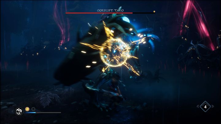 Jeśli boss zacznie ryczeć i świecić się na czerwono, czym prędzej odbiegnijcie od niego, gdyż stworzy wokół siebie wybuch - Kena Bridge of Spirits: Corrupt Taro - boss, jak pokonać? - Kena Bridge of Spirits - poradnik do gry