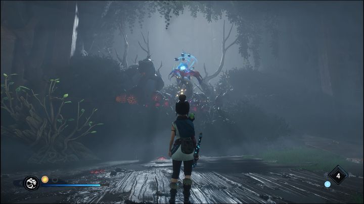 Następnie oczyśćcie kwiat, wejdźcie na górę i rzućcie bombą w kolejne skały o niebieskiej poświacie - Kena Bridge of Spirits: Help the Woodsmith - solucja, opis przejścia - Kena Bridge of Spirits - poradnik do gry