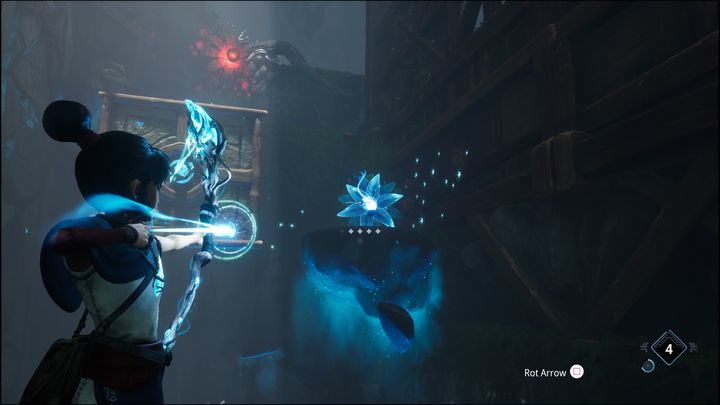 Następnie odwróćcie się, strzelcie w kwiat, przyciągając się do platformy - Kena Bridge of Spirits: Help the Woodsmith - solucja, opis przejścia - Kena Bridge of Spirits - poradnik do gry