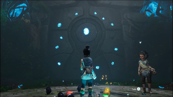 Zejdźcie na dół, wejdźcie na platformę i użyjcie Pulse stojąc na niej - Kena Bridge of Spirits: Help the Woodsmith - solucja, opis przejścia - Kena Bridge of Spirits - poradnik do gry